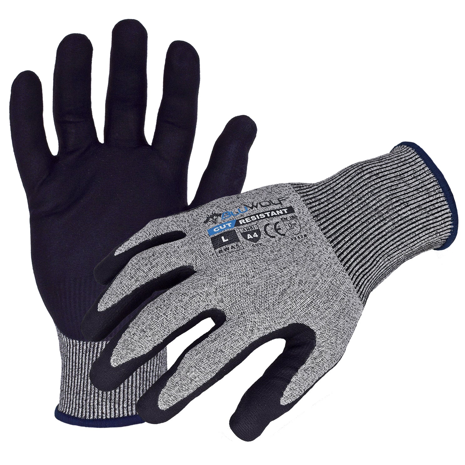 Azusa Safety BLUWOLF 18 Gauge HPPE Blended ANSI A4 Cut Resistant Gloves with Nitrile/Polyurethane Palm Coating, XL