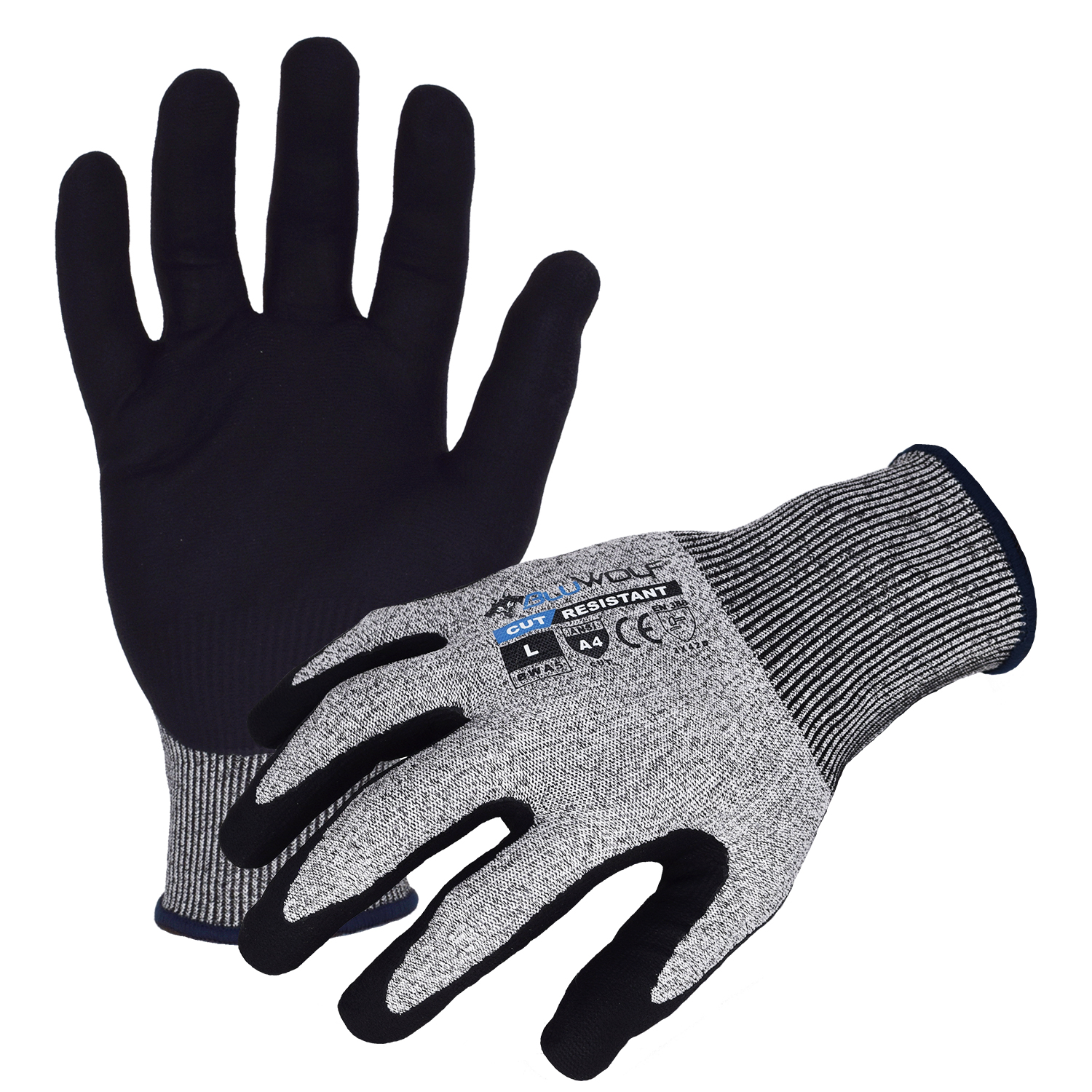 Azusa Safety BLUWOLF 18 Gauge HPPE Blended ANSI A4 Cut Resistant Gloves with Nitrile/Polyurethane Palm Coating, XL