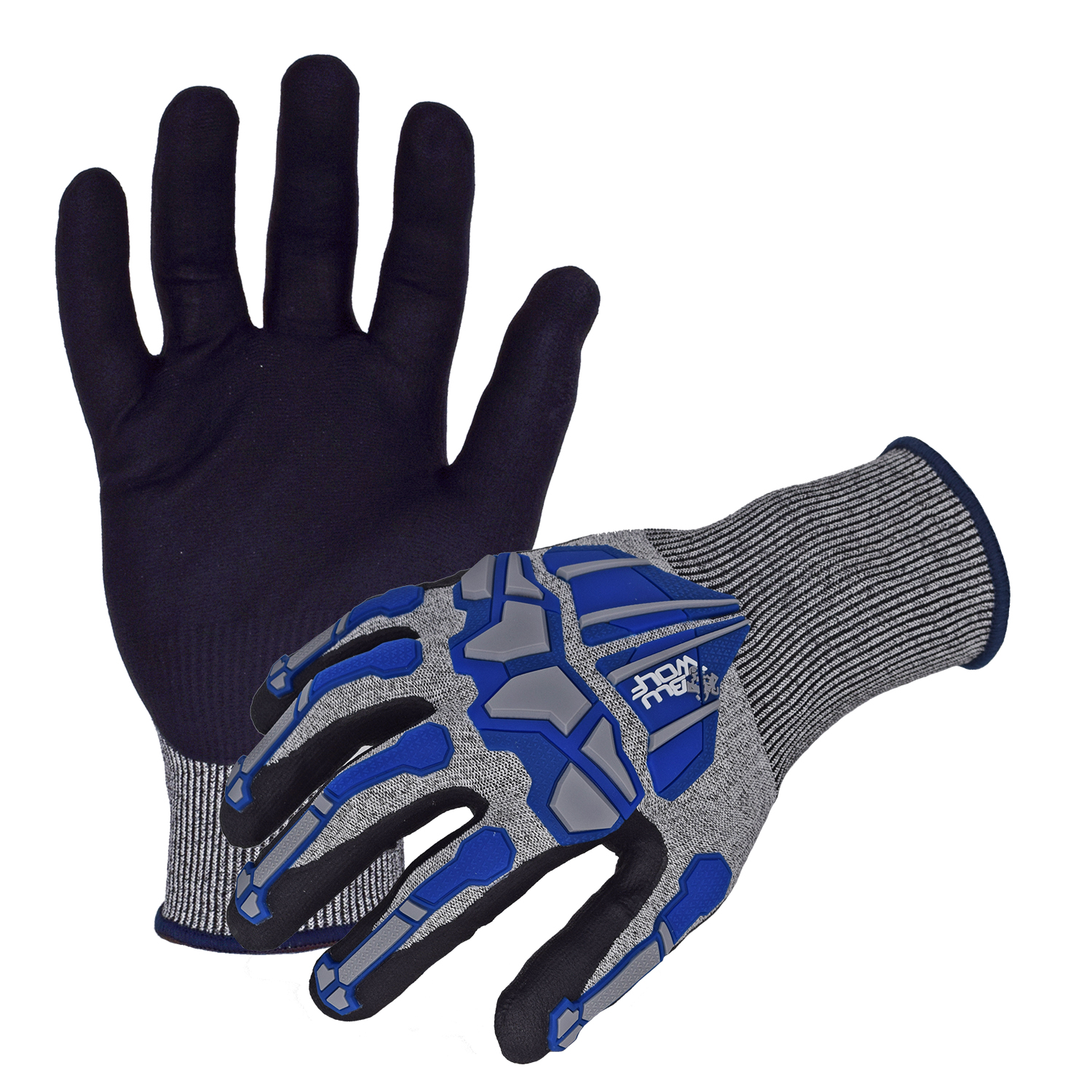 Azusa Safety BLUWOLF 18 Gauge HPPE Blended ANSI A4 Cut Resistant Gloves with Nitrile/Polyurethane Palm Coating and Finger/Knuckle Guards,  2XL