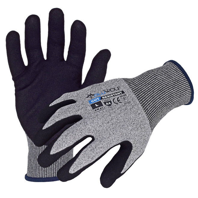 Azusa Safety BLUWOLF 18 Gauge HPPE Blended ANSI A4 Cut Resistant Gloves with Sandy Foam Nitrile Palm Coating, XL