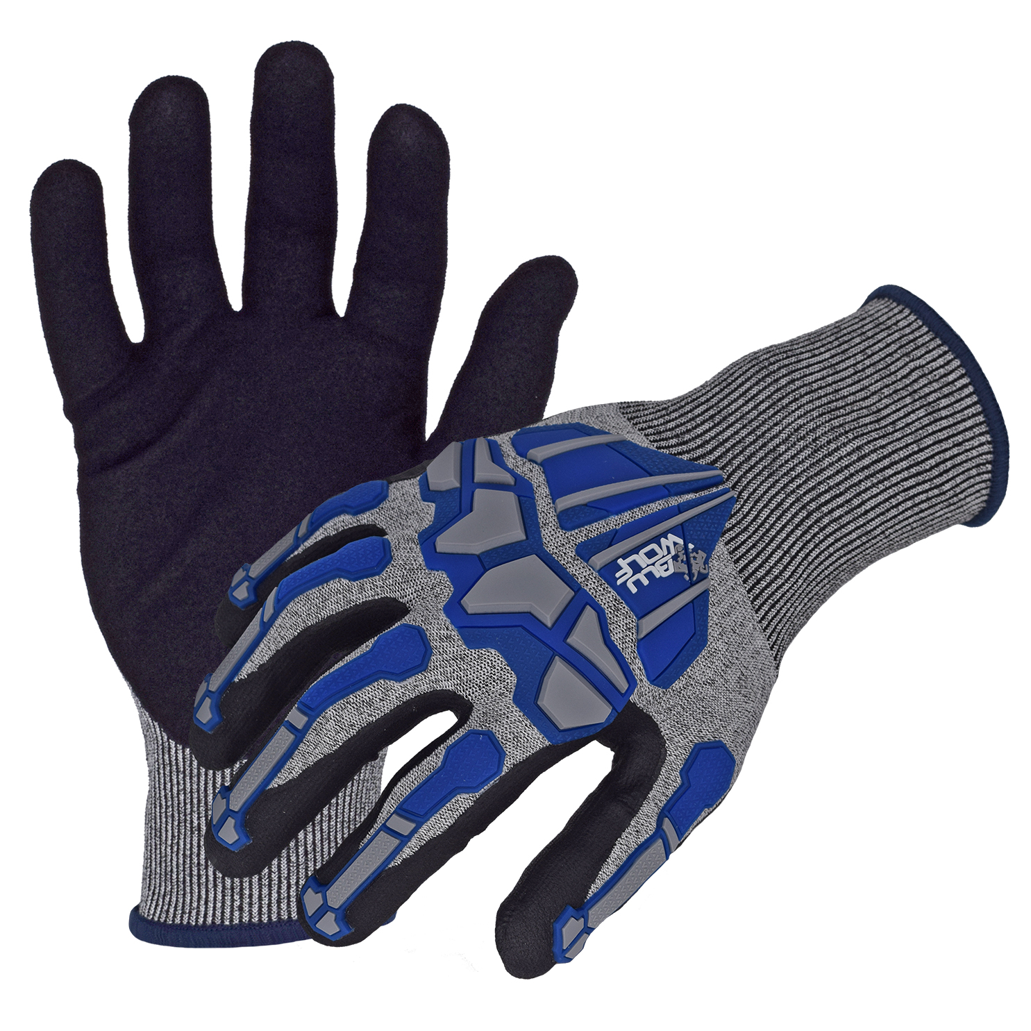 Azusa Safety BLUWOLF 18 Gauge HPPE Blended ANSI A4 Cut Resistant Gloves with Sandy Foam Nitrile Palm Coating and Finger/Knuckle Guards, L
