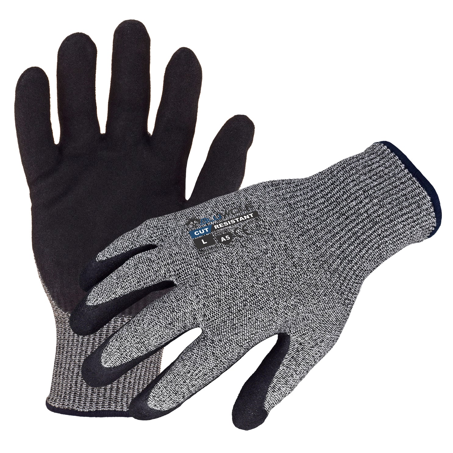 Azusa Safety BLUWOLF 13 Gauge HPPE Blended ANSI A5 Cut Resistant Gloves, with Sandy Foam Nitrile Palm Coating M