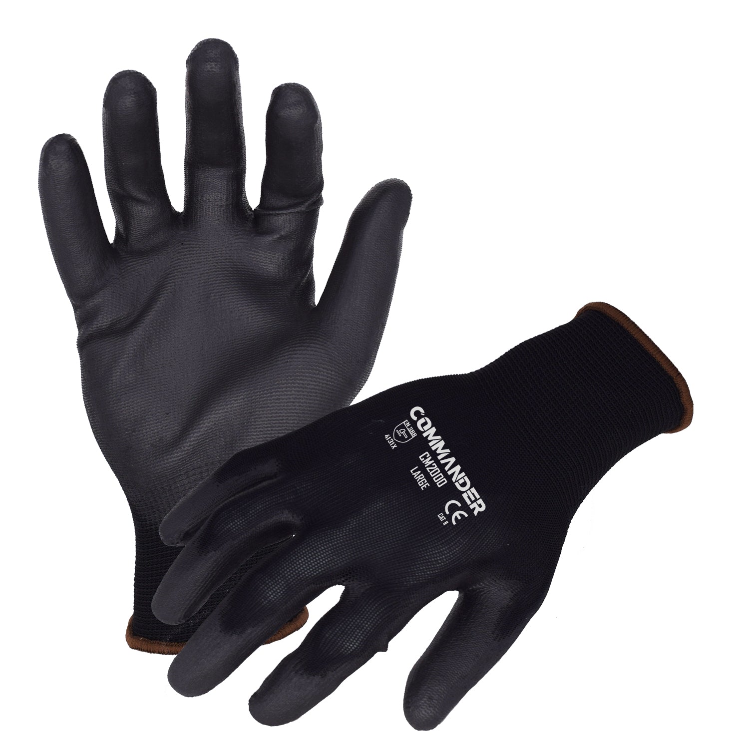Azusa Safety Commander 13 Gauge Black Nylon Work Gloves with Polyurethane Palm Coating, L