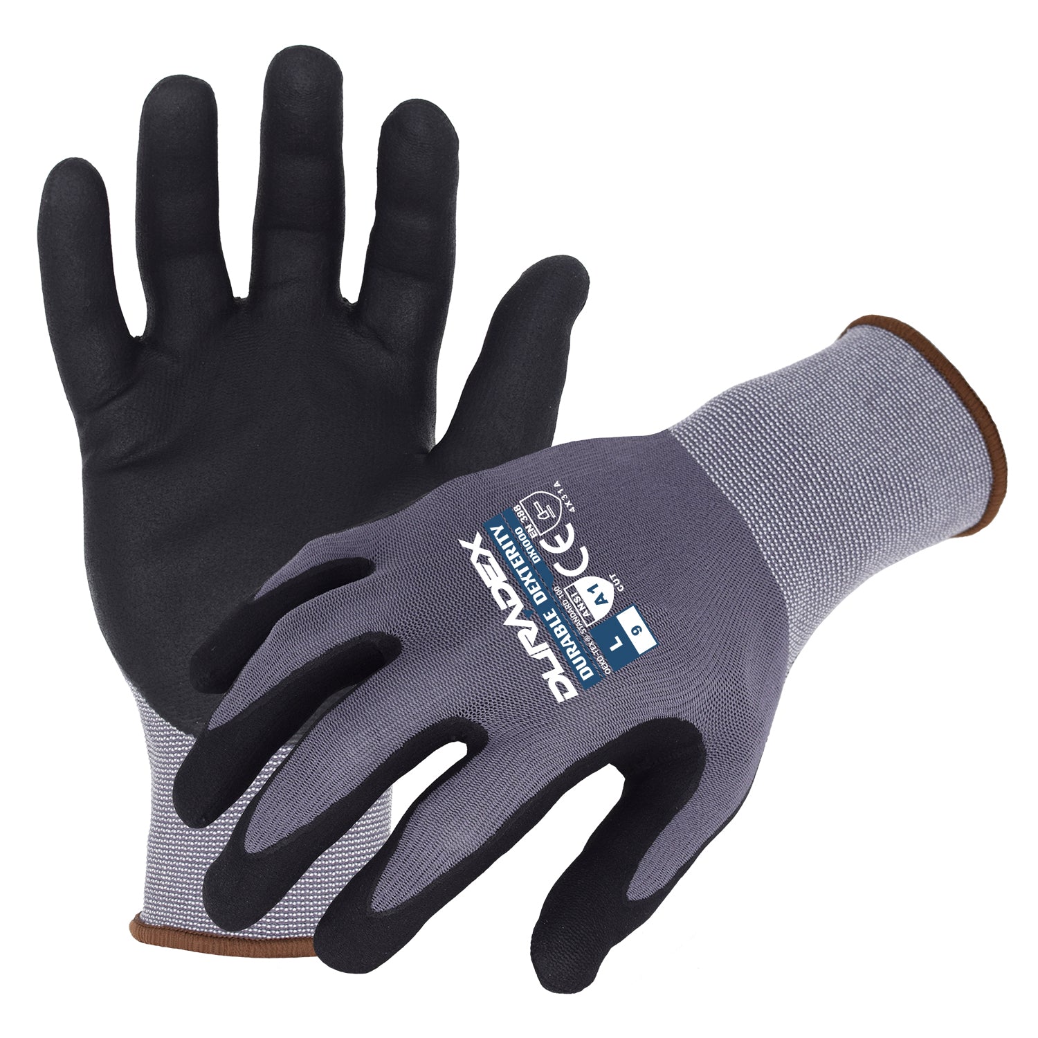 Azusa Safety Dura-Dex 15 Gauge Gray Nylon/Spandex Blended Work Gloves with Dura Foam Nitrile/Polyurethane Palm Coating, L