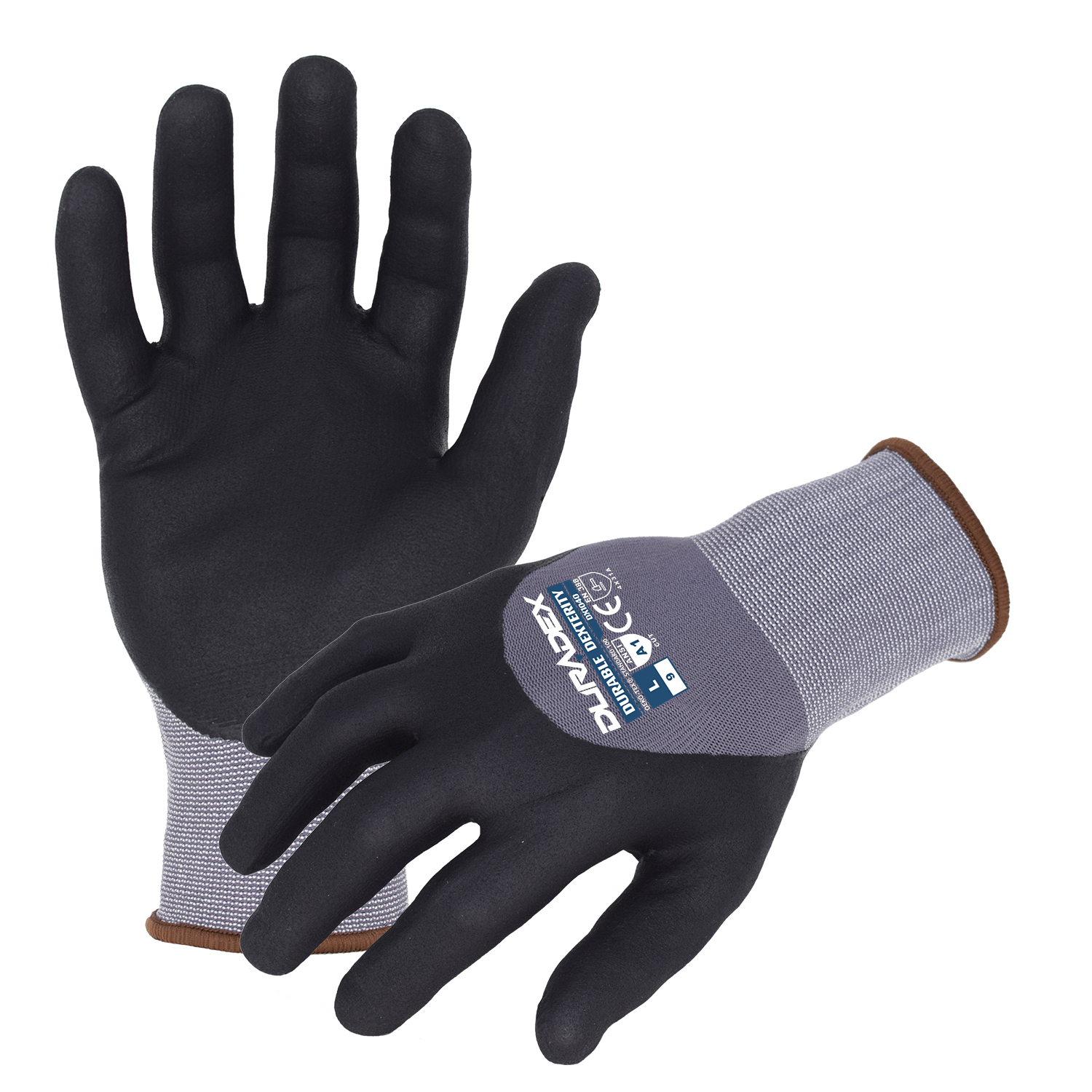 Azusa Safety Dura-Dex 15 Gauge Gray Nylon/Spandex Blended Work Gloves with Dura Foam Nitrile/Polyurethane 3/4 Coating  L