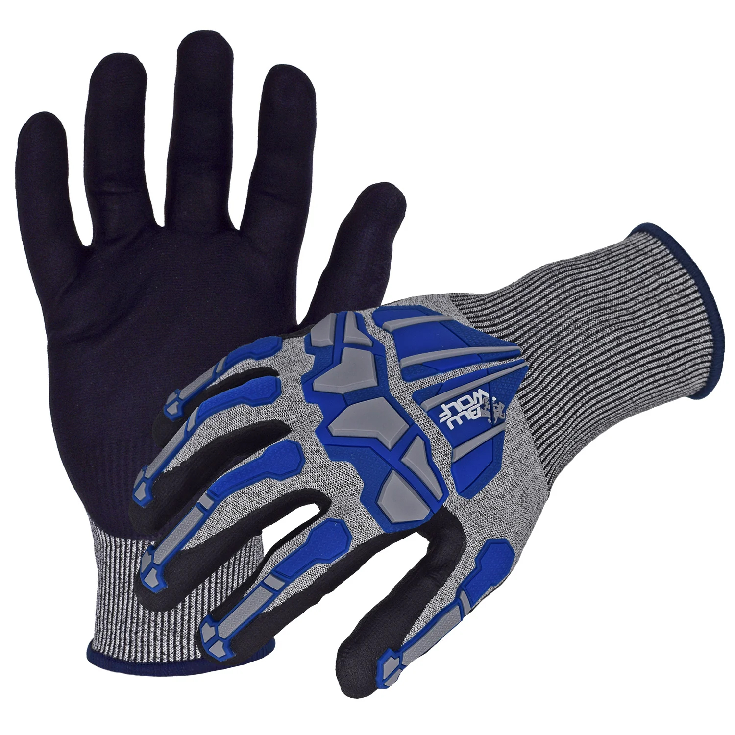 Azusa Safety BLUWOLF 18 Gauge HPPE Blended ANSI A4 Cut Resistant Gloves with Nitrile/Polyurethane Palm Coating and Finger/Knuckle Guards,  2XL