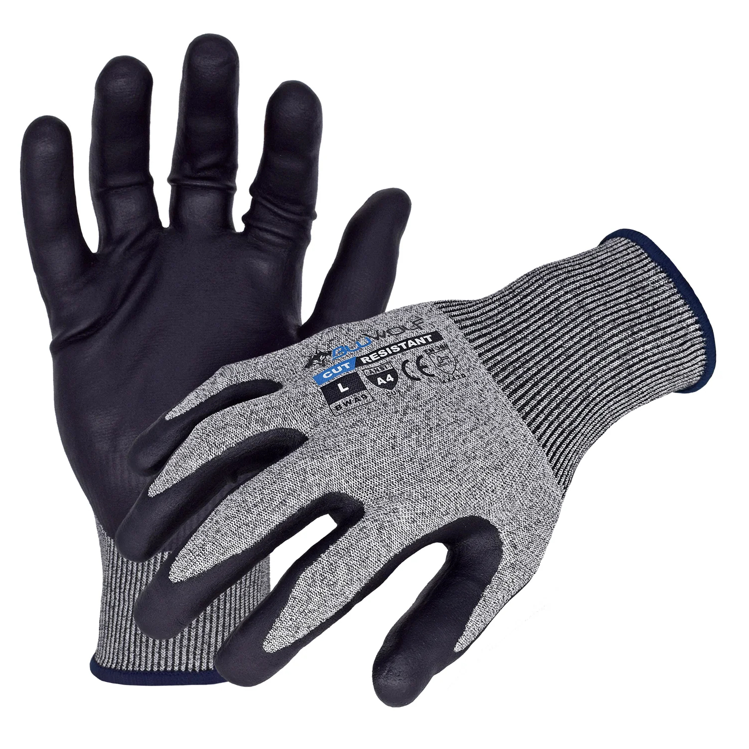Azusa Safety BLUWOLF 18 Gauge HPPE Blended ANSI A4 Cut Resistant Gloves with Ultra-Foam Nitrile/Polyurethane Palm Coating, S