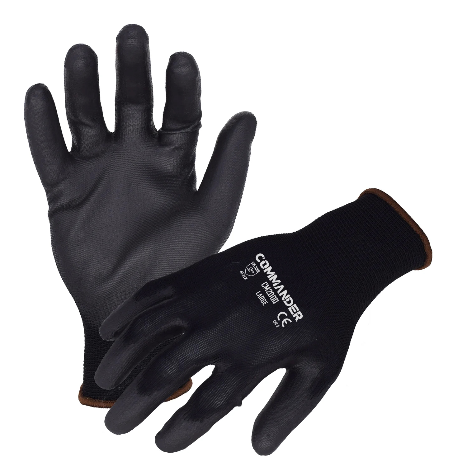 Azusa Safety Commander 13 Gauge Black Nylon Work Gloves with Polyurethane Palm Coating, M