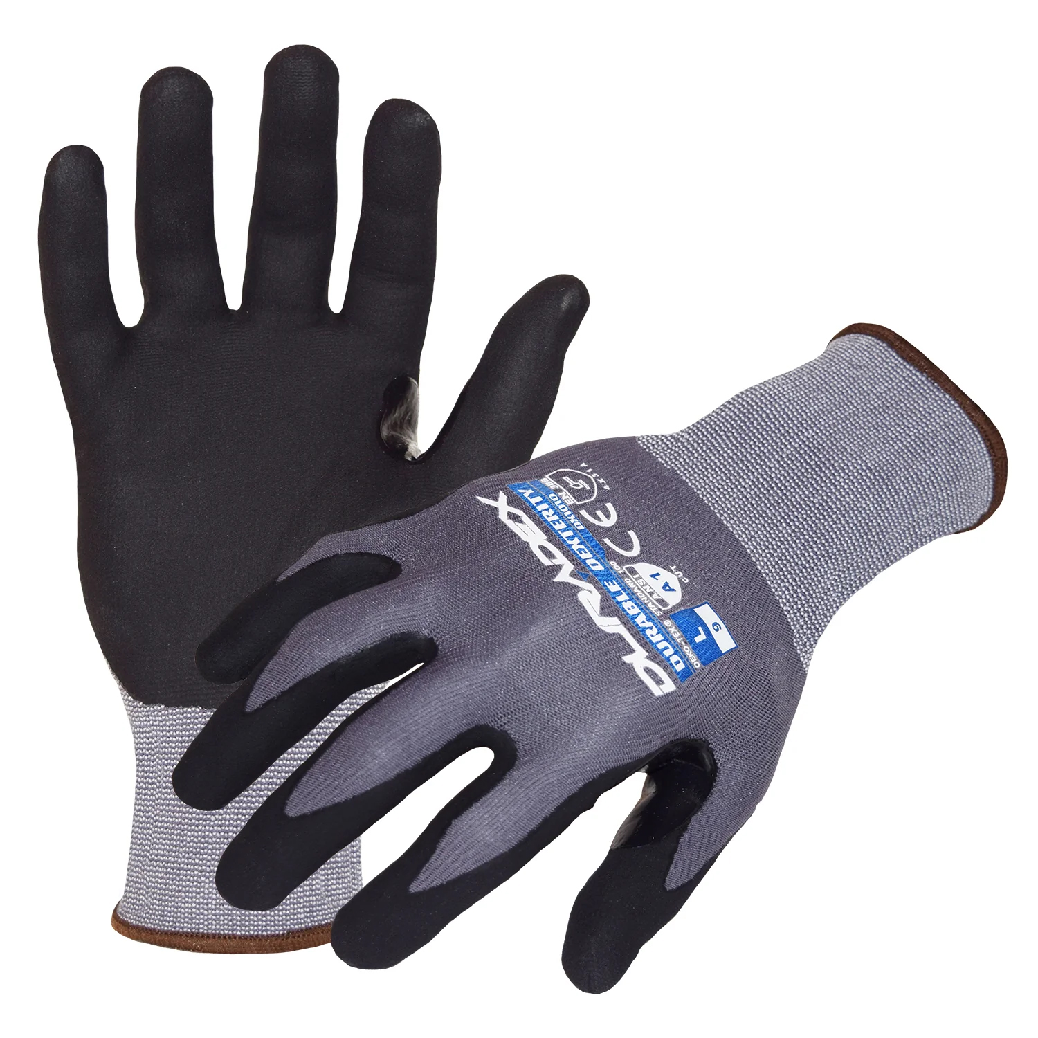 Azusa Safety Dura-Dex 15 Gauge Gray Nylon/Spandex Blended Work Gloves with Dura Foam Nitrile/Polyurethane Palm Coating and Reinforced Thumb Crotch XL